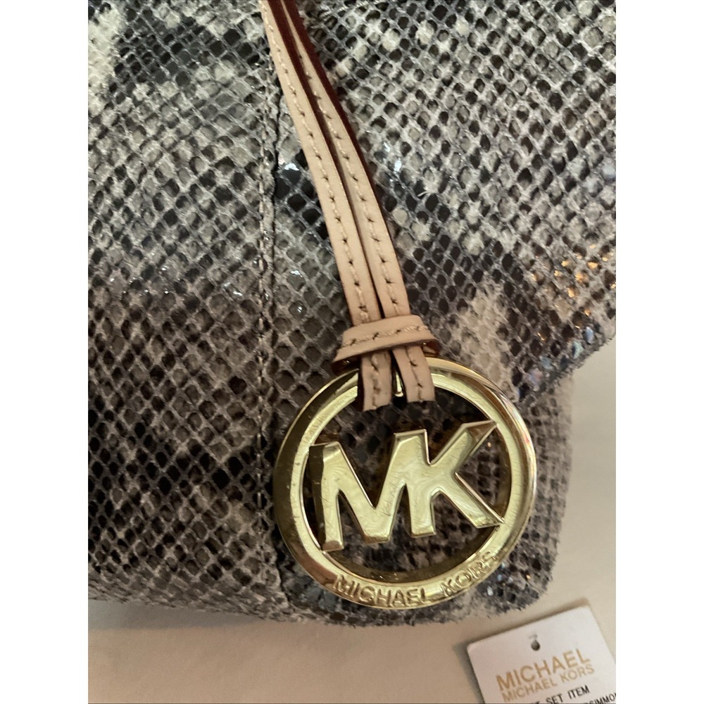 Michael Kors Python Tote Jet Set Tan Leather Shoulder Handbag MK Charm Logo - Picture 13 of 16